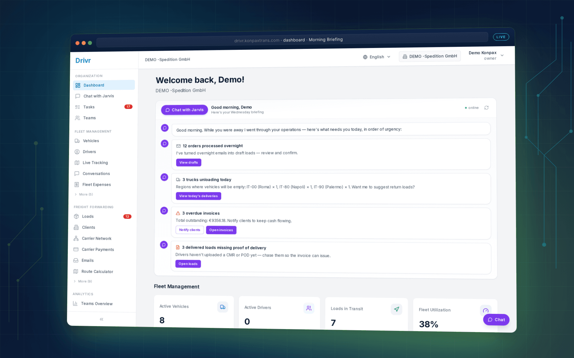 Drivr dashboard — Morning Briefing chat with Jarvis